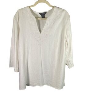 Van Heusen‎ Womens XL Top Blouse White Linen Rayon Floral Embroidered 3/4 Sleeve